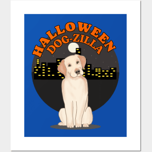 Cute Halloween yellow labrador dog as Dog-Zilla Posters and Art